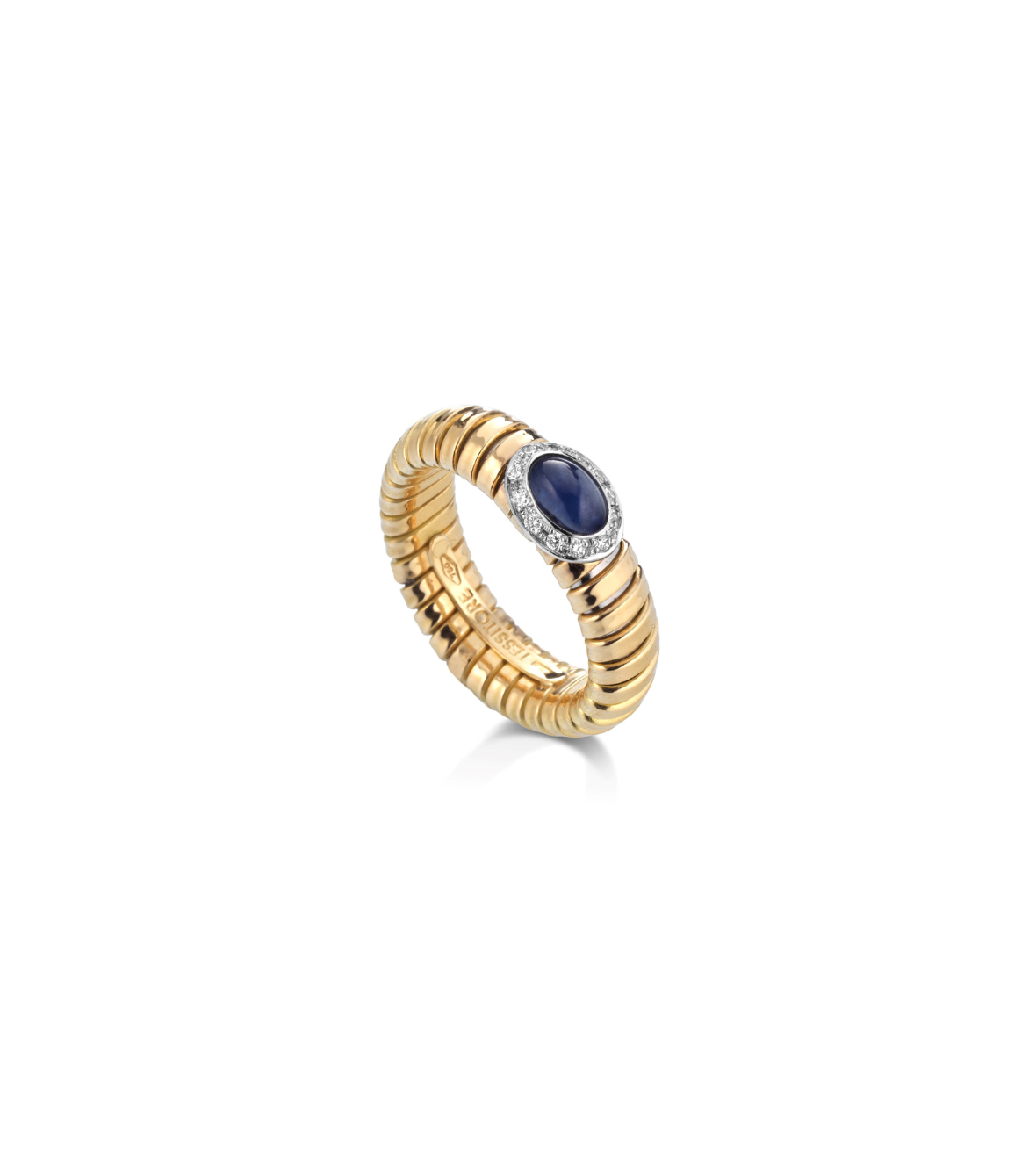 Yellow Gold Tubogas Ring 18K with Cabochon Saphire & Brilliant-Cut Diamonds